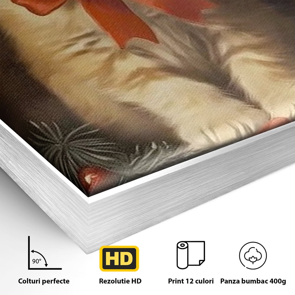 Detaliu al suprafetei: tablou canvas cu pisoi si funda rosie, in rama de aluminiu argintiu